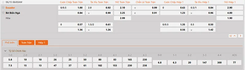 Thông tin tỷ lệ kèo Bờ Biển Ngà vs Ecuador 06h00 ngày 15/6/2026